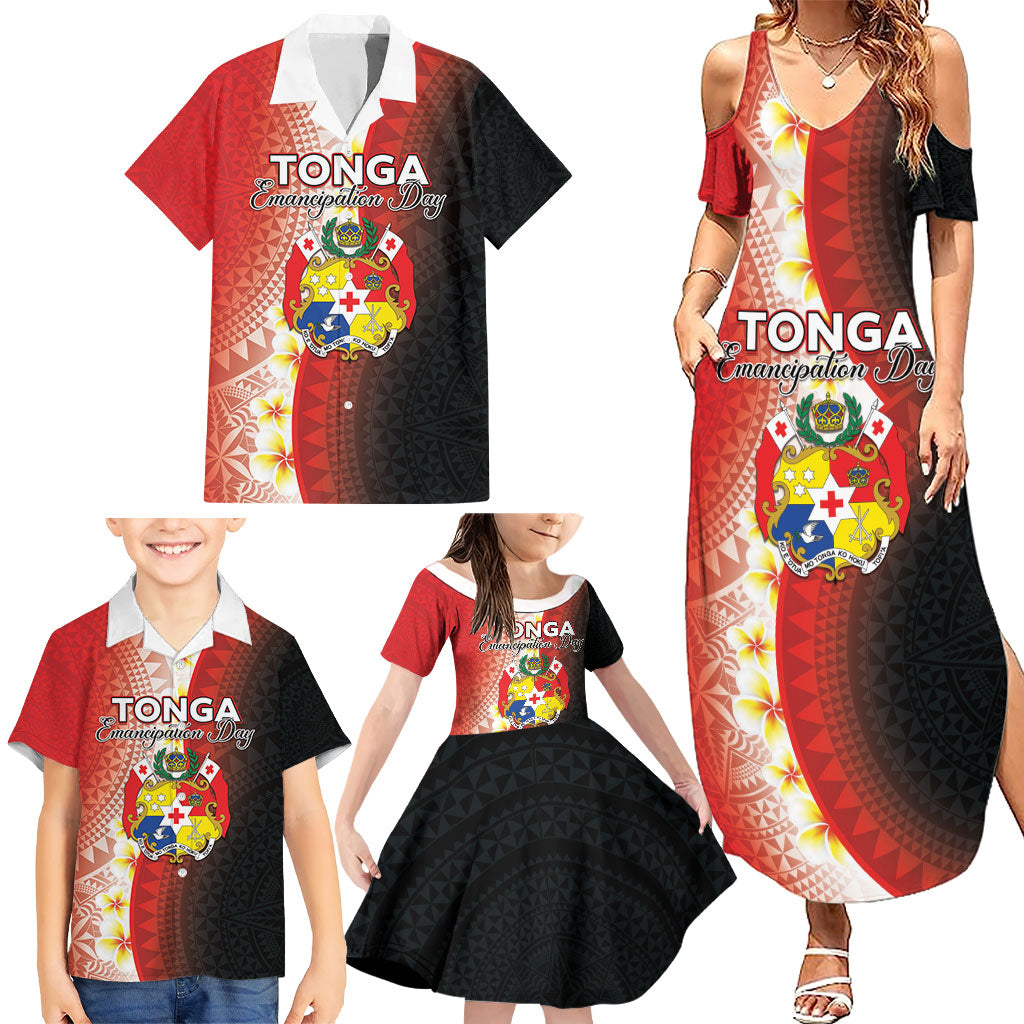 Personalised Tonga Emancipation Day Family Matching Summer Maxi Dress and Hawaiian Shirt Tongan Ngatu Pattern With Plumeria LT05 - Polynesian Pride