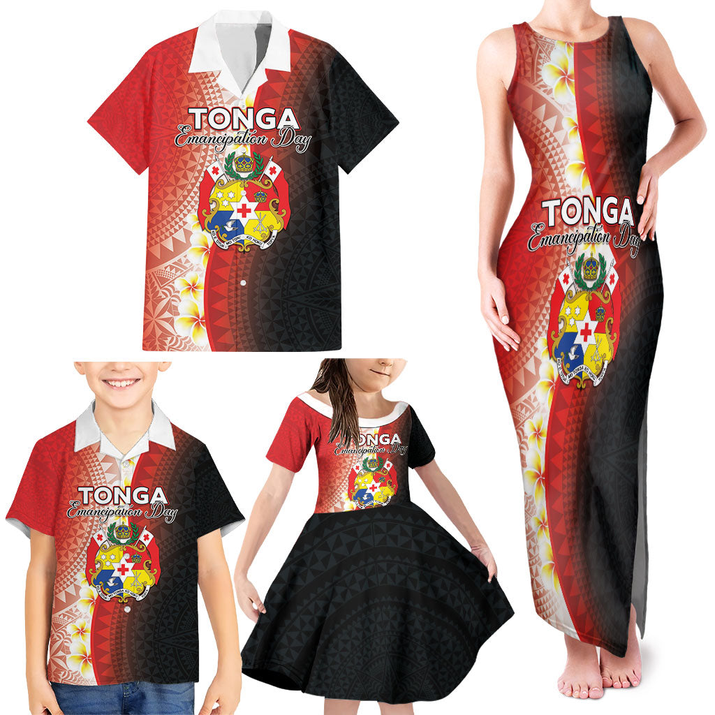 Personalised Tonga Emancipation Day Family Matching Tank Maxi Dress and Hawaiian Shirt Tongan Ngatu Pattern With Plumeria LT05 - Polynesian Pride