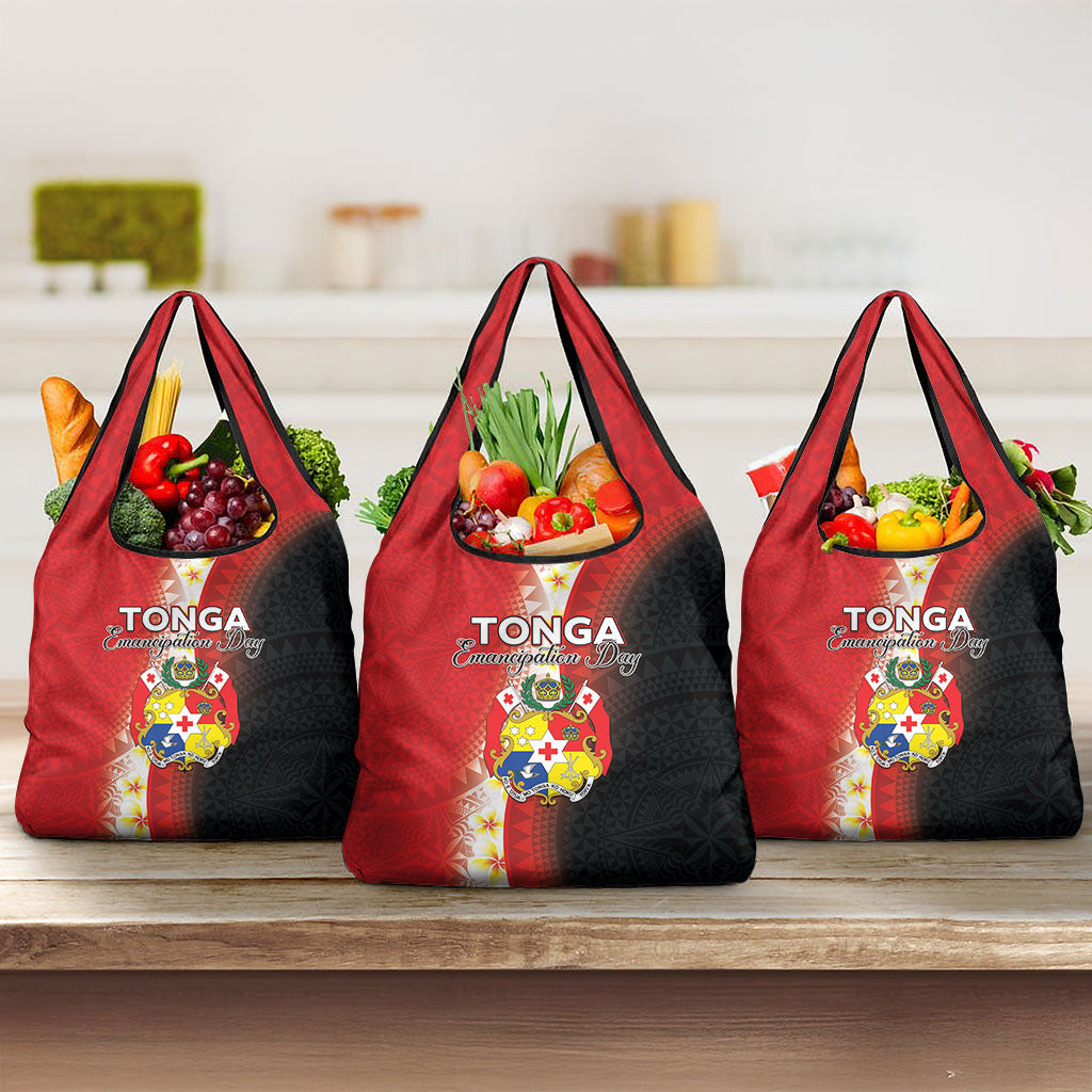Tonga Emancipation Day Grocery Bag Tongan Ngatu Pattern With Plumeria