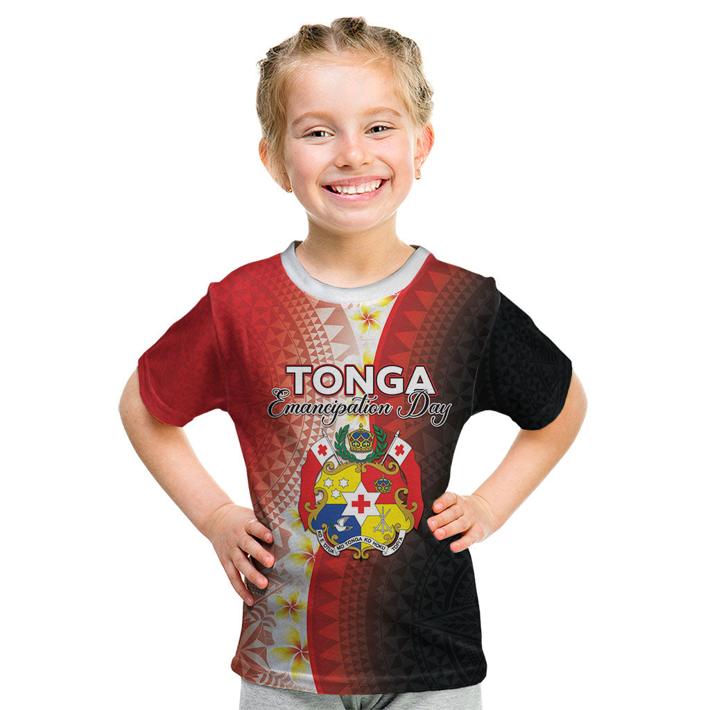 Personalised Tonga Emancipation Day Kid T Shirt Tongan Ngatu Pattern With Plumeria