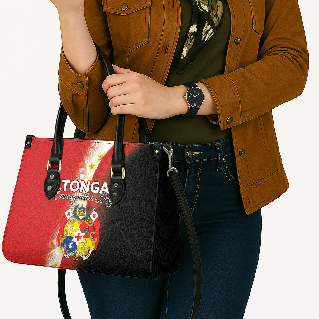 Tonga Emancipation Day Leather Bag Tongan Ngatu Pattern With Plumeria
