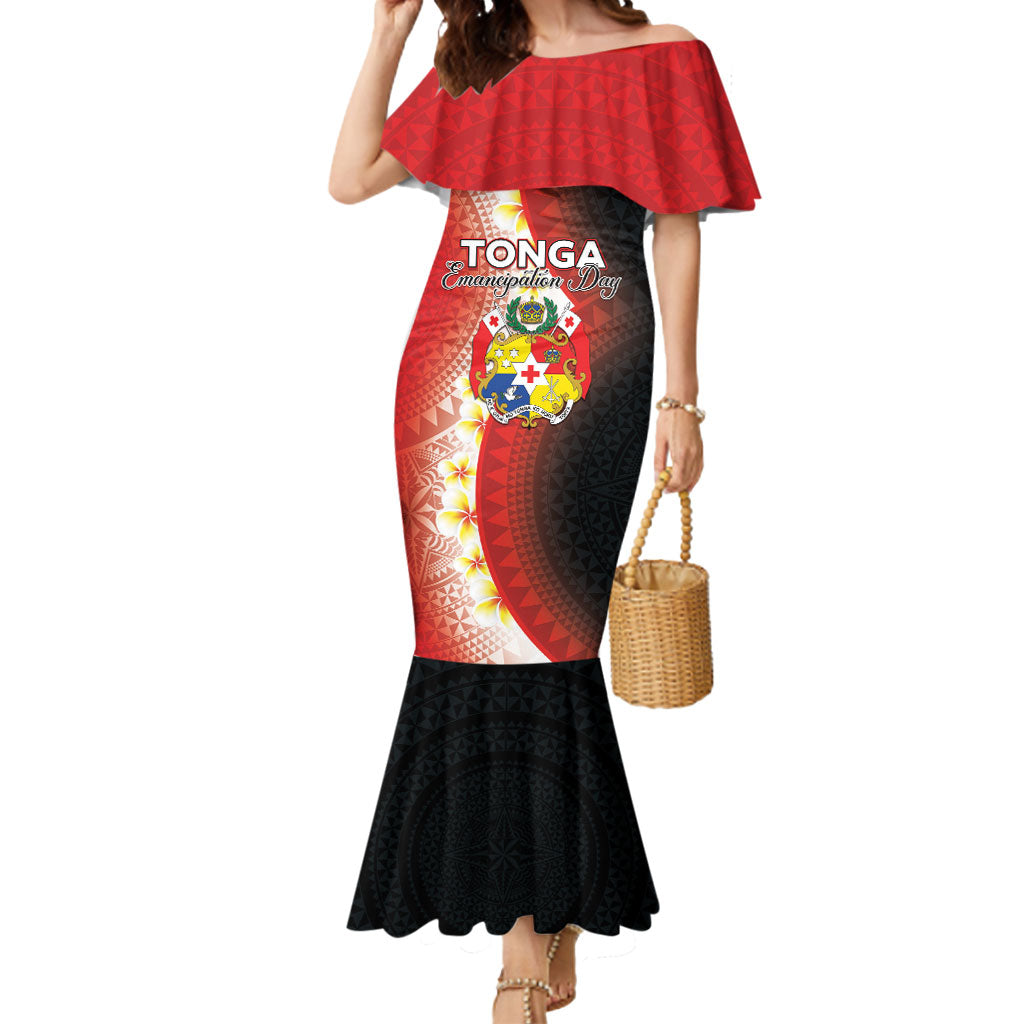 Personalised Tonga Emancipation Day Mermaid Dress Tongan Ngatu Pattern With Plumeria