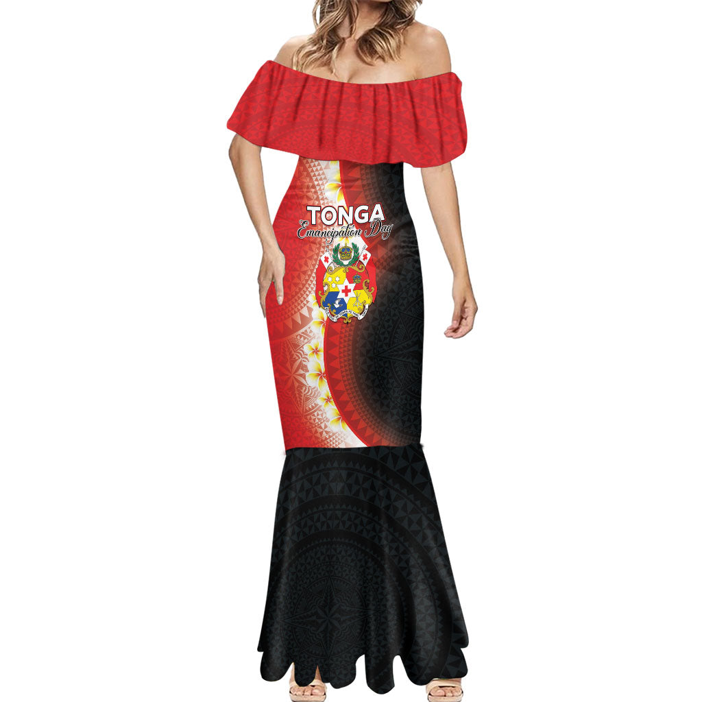 Personalised Tonga Emancipation Day Mermaid Dress Tongan Ngatu Pattern With Plumeria