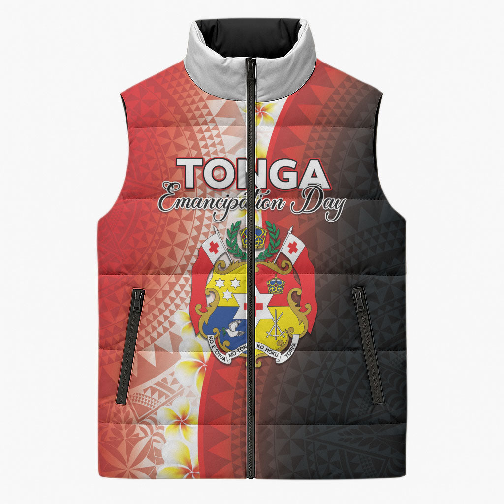 Personalised Tonga Emancipation Day Sleeveless Puffer Jacket Tongan Ngatu Pattern With Plumeria