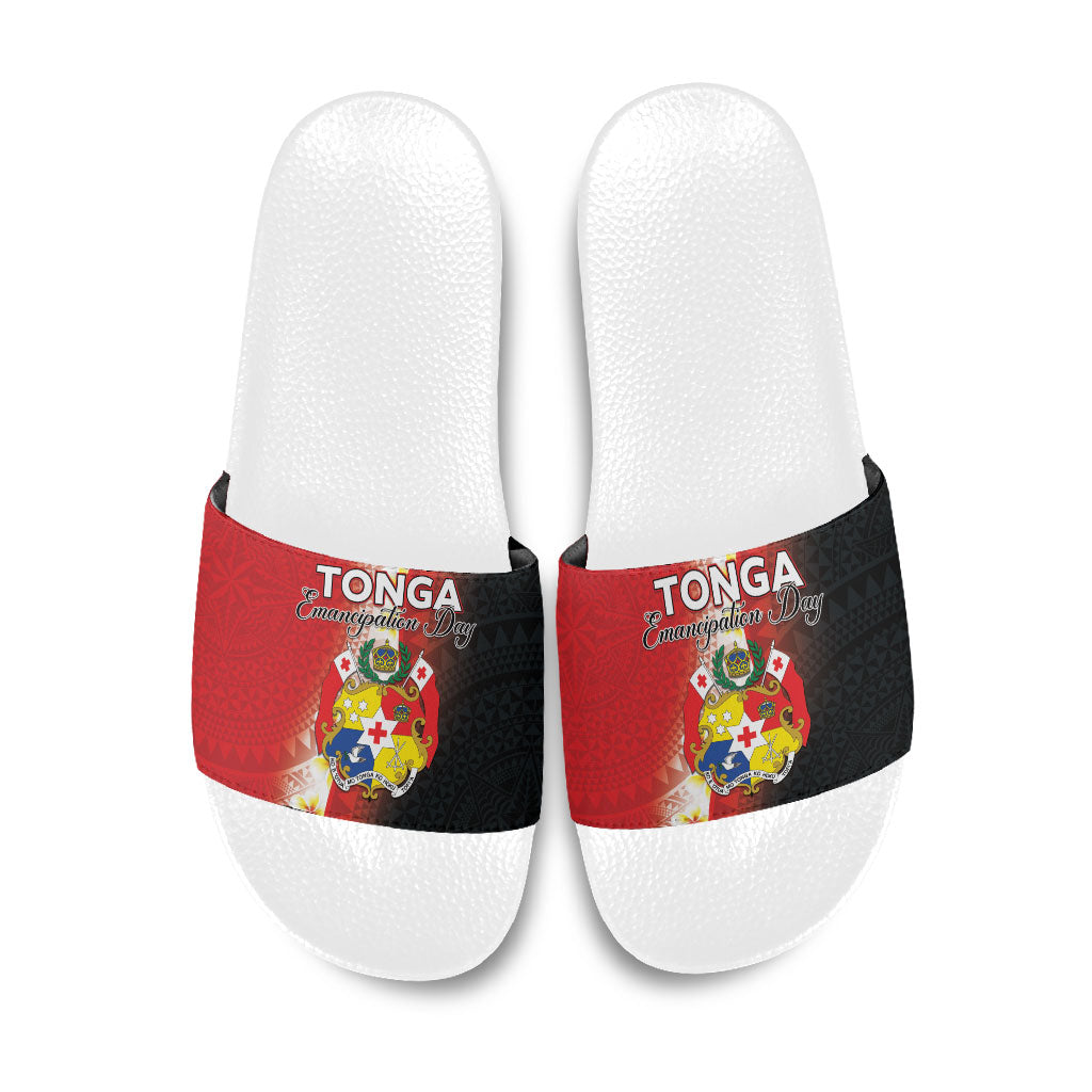 Tonga Emancipation Day Slide Sandals Tongan Ngatu Pattern With Plumeria
