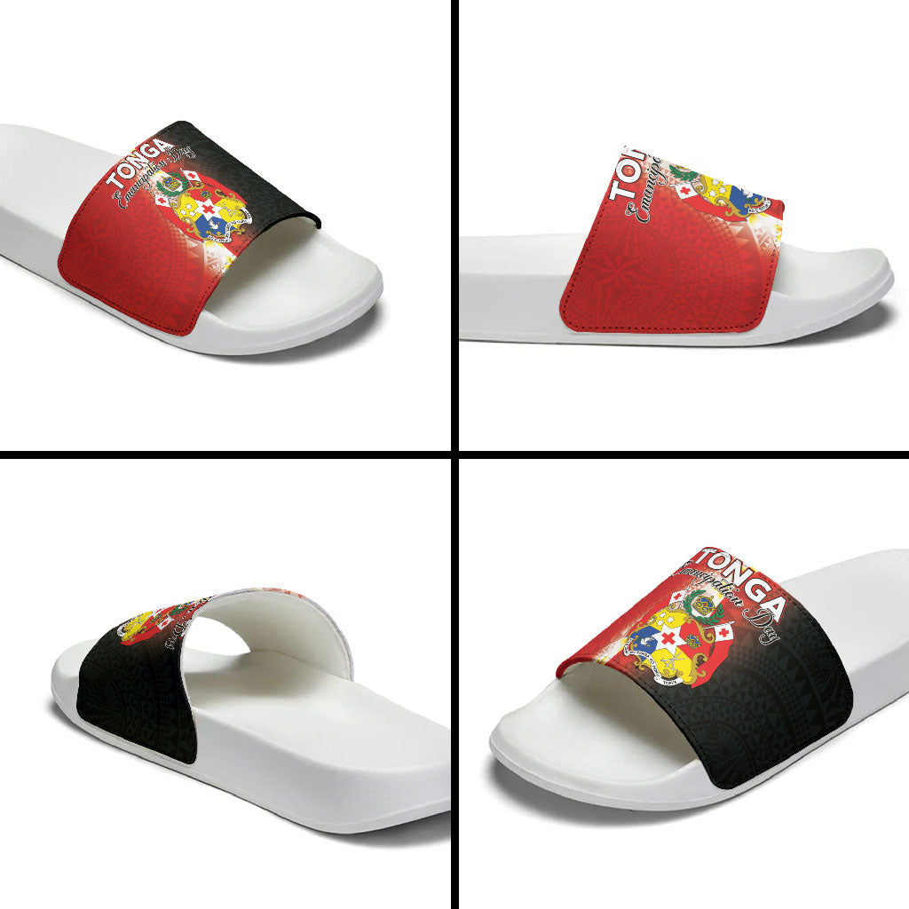 Tonga Emancipation Day Slide Sandals Tongan Ngatu Pattern With Plumeria