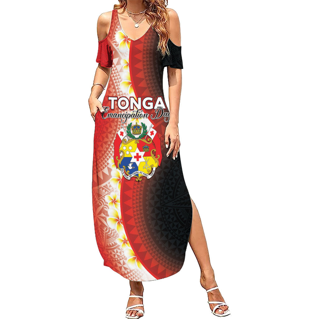 Personalised Tonga Emancipation Day Summer Maxi Dress Tongan Ngatu Pattern With Plumeria