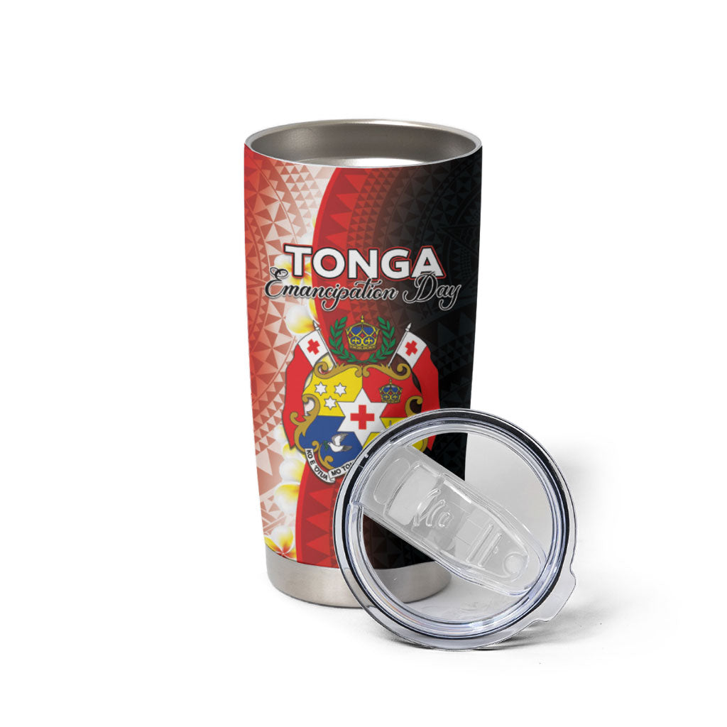 Personalised Tonga Emancipation Day Tumbler Cup Tongan Ngatu Pattern With Plumeria
