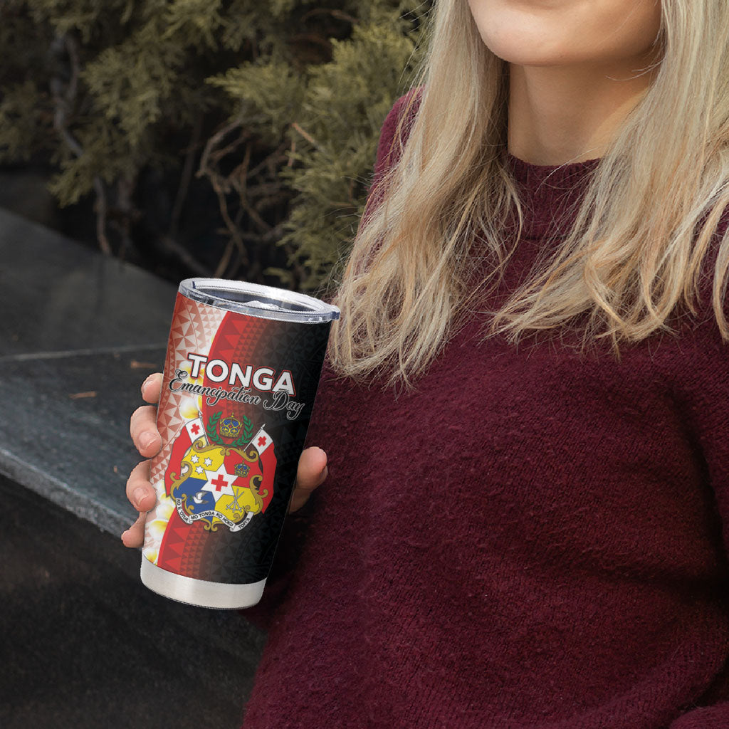 Personalised Tonga Emancipation Day Tumbler Cup Tongan Ngatu Pattern With Plumeria