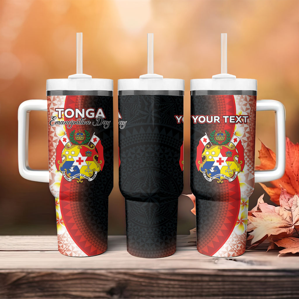 Personalised Tonga Emancipation Day Tumbler With Handle Tongan Ngatu Pattern With Plumeria