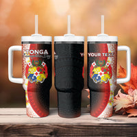 Personalised Tonga Emancipation Day Tumbler With Handle Tongan Ngatu Pattern With Plumeria