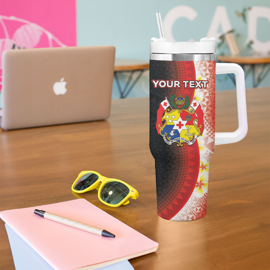 Personalised Tonga Emancipation Day Tumbler With Handle Tongan Ngatu Pattern With Plumeria