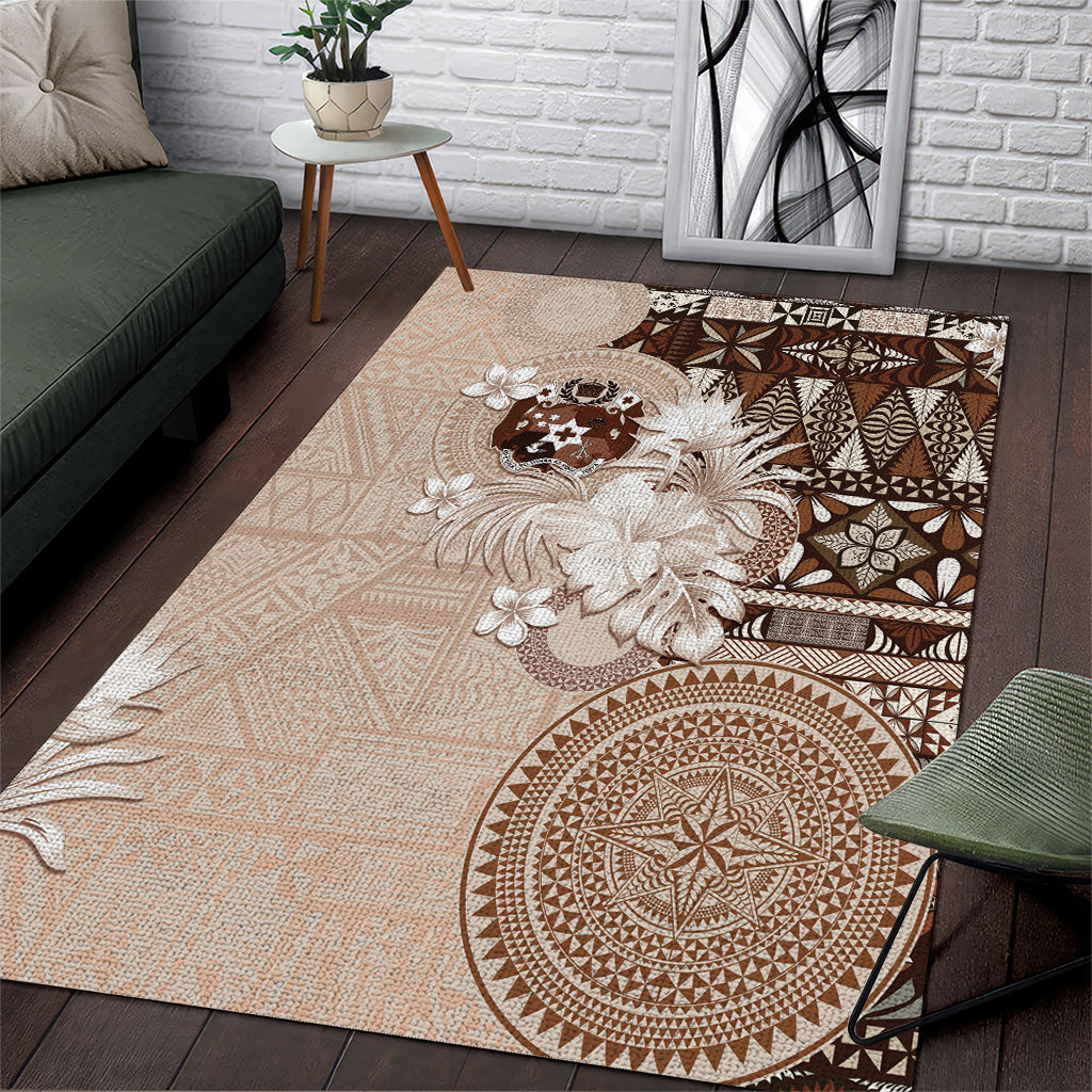 Tonga Ngatu Motifs Area Rug With Coat Of Arms Beige
