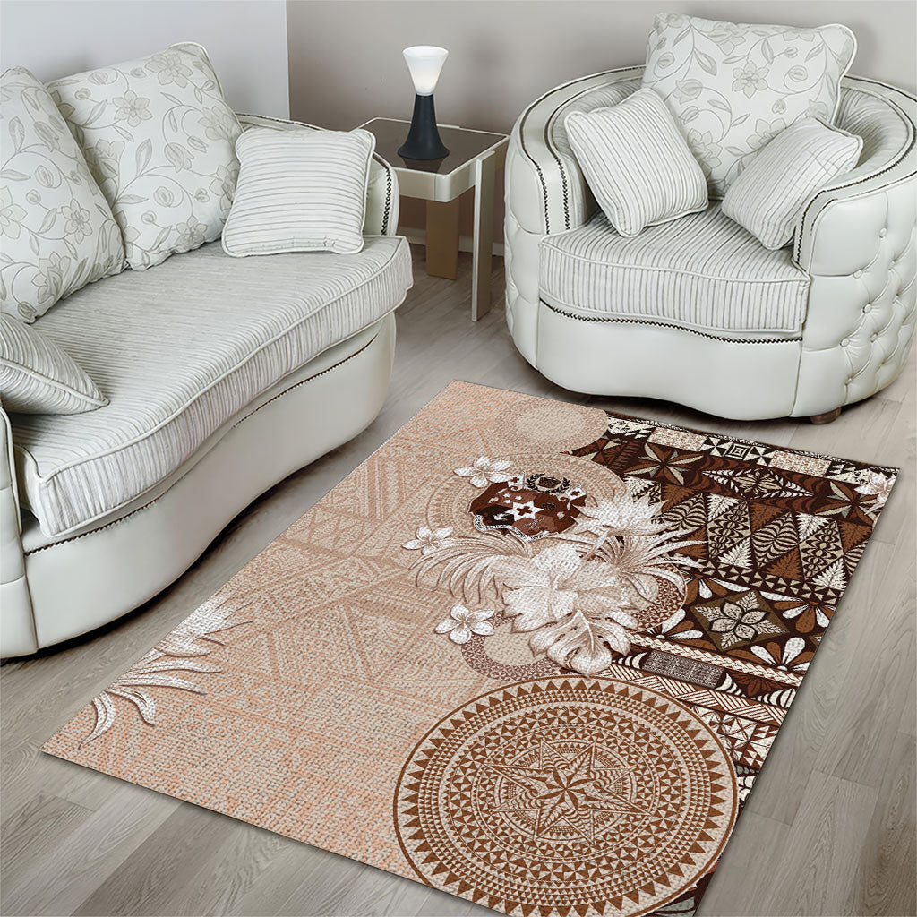 Tonga Ngatu Motifs Area Rug With Coat Of Arms Beige