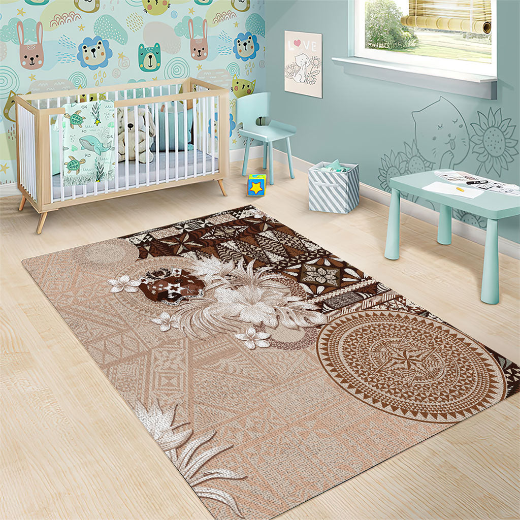 Tonga Ngatu Motifs Area Rug With Coat Of Arms Beige