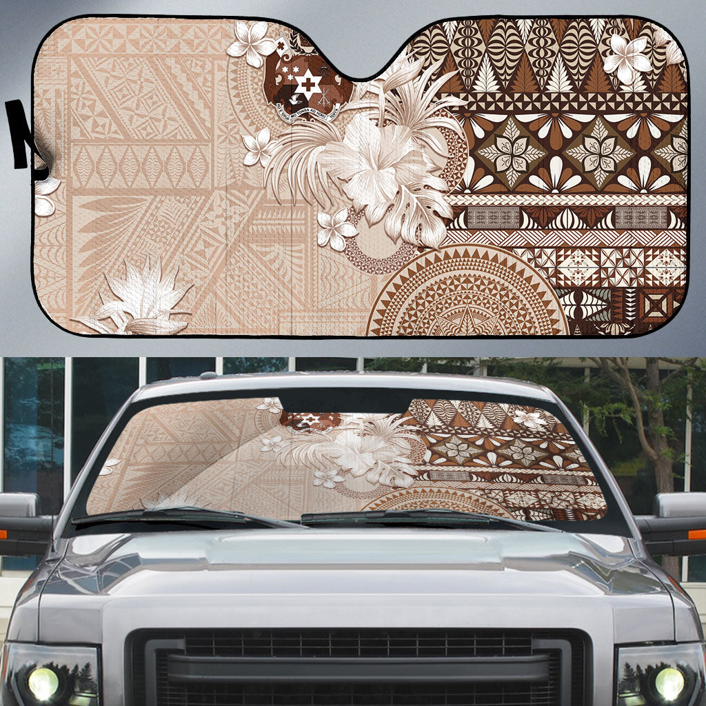 Tonga Ngatu Motifs Auto Sun Shade With Coat Of Arms Beige