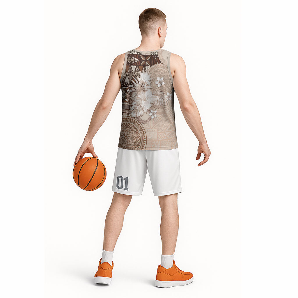 Tonga Ngatu Motifs Basketball Jersey With Coat Of Arms Beige