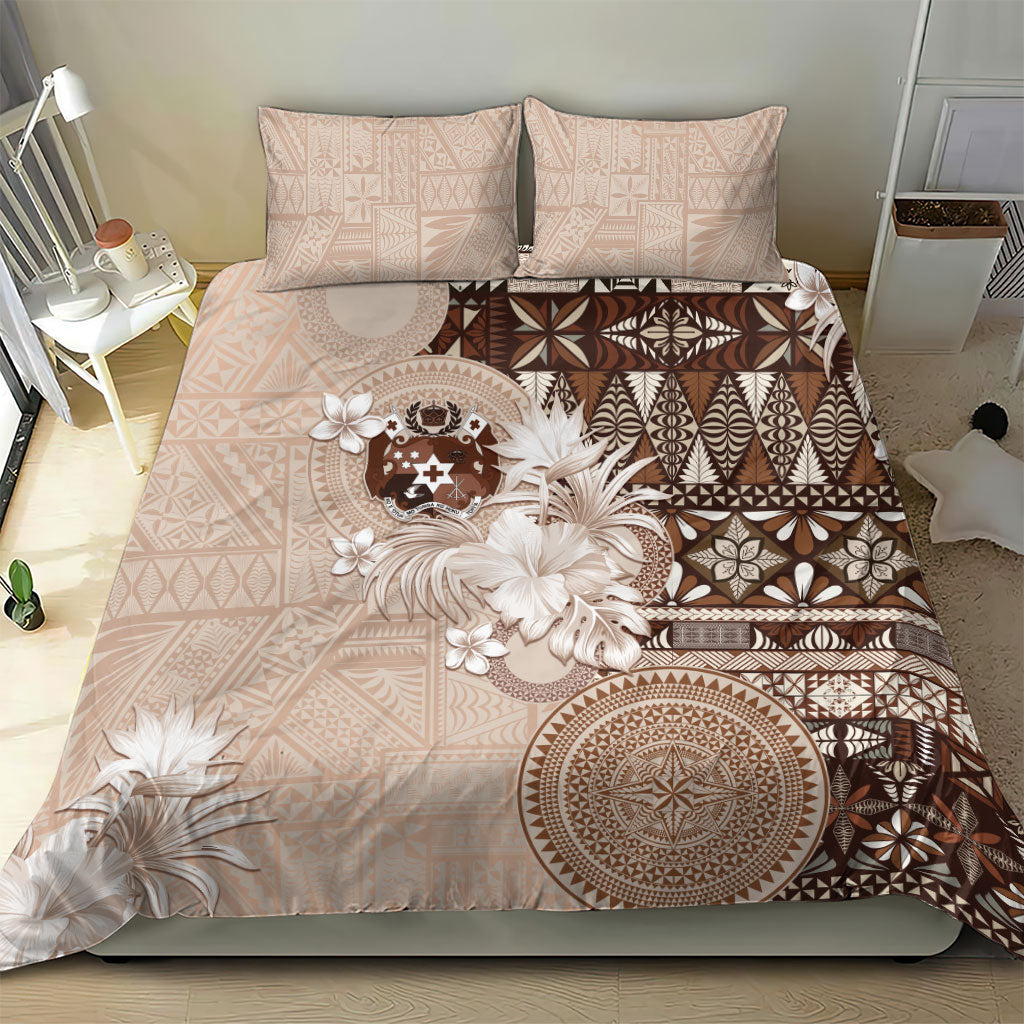 Tonga Ngatu Motifs Bedding Set With Coat Of Arms Beige