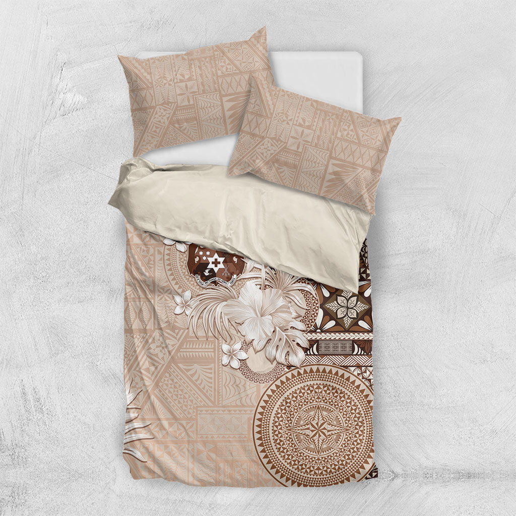 Tonga Ngatu Motifs Bedding Set With Coat Of Arms Beige