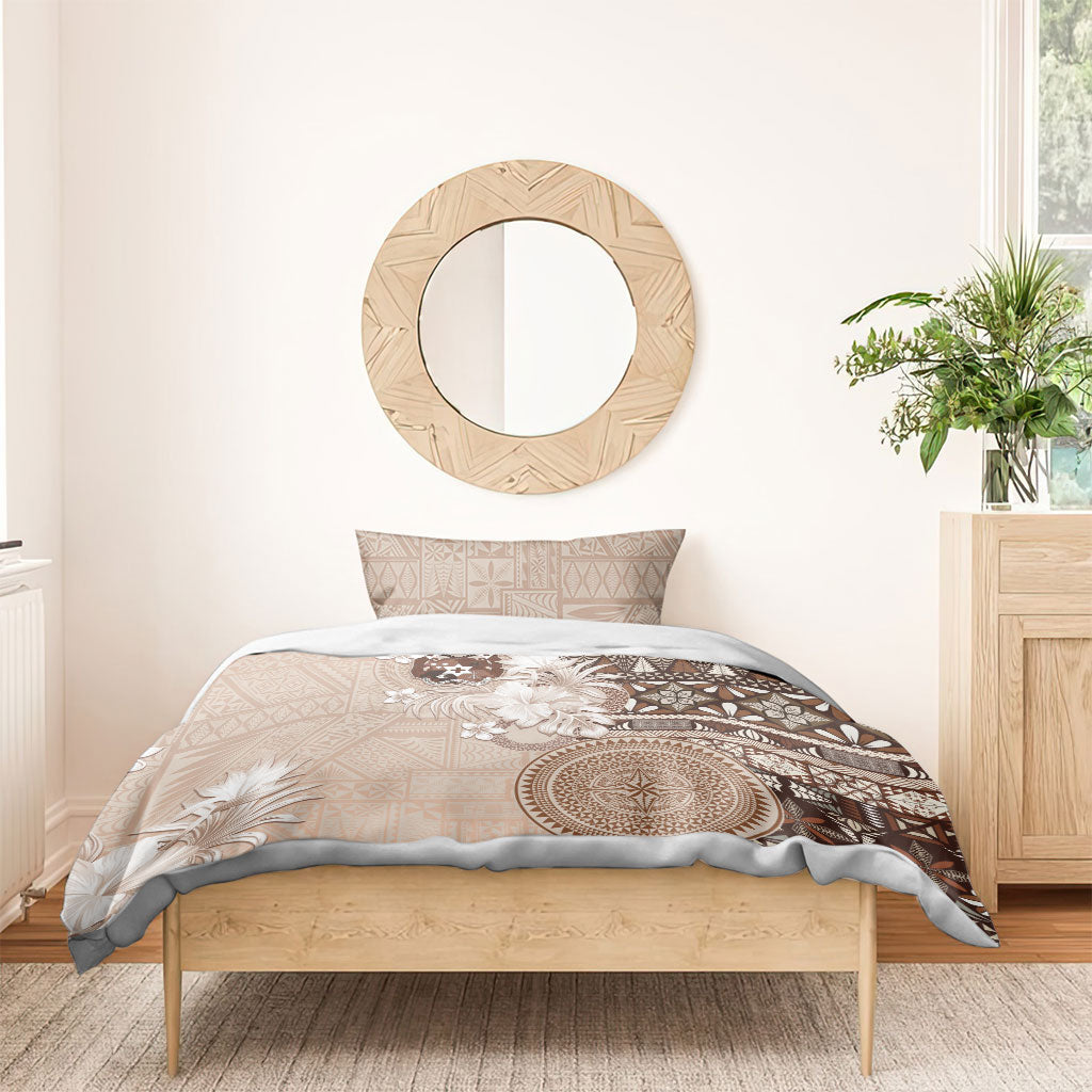 Tonga Ngatu Motifs Bedding Set With Coat Of Arms Beige
