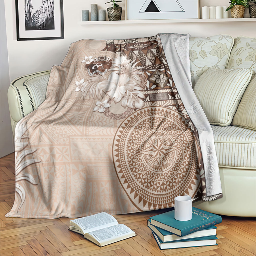Tonga Ngatu Motifs Blanket With Coat Of Arms Beige