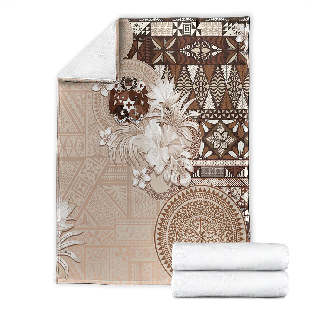 Tonga Ngatu Motifs Blanket With Coat Of Arms Beige
