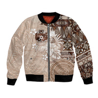 Tonga Ngatu Motifs Bomber Jacket With Coat Of Arms Beige