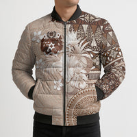 Tonga Ngatu Motifs Bomber Puffer Jacket With Coat Of Arms Beige