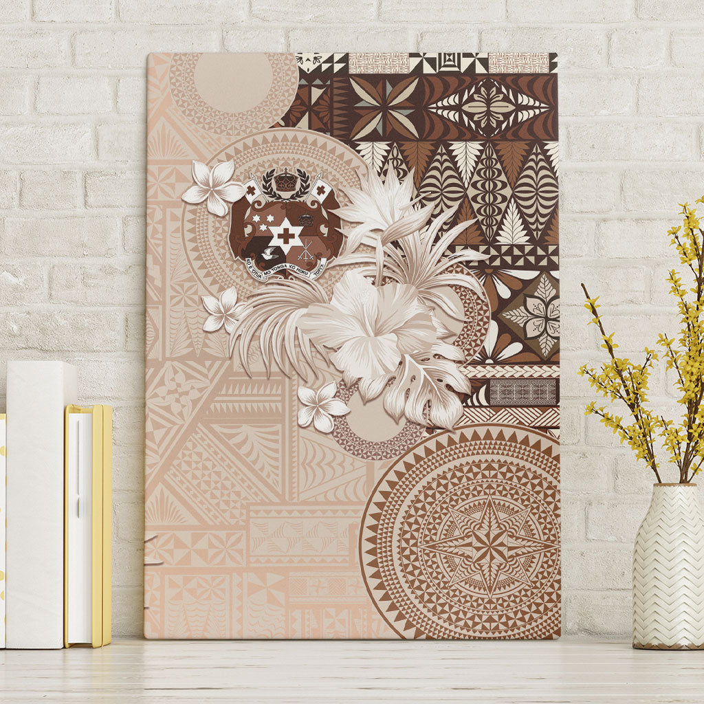 Tonga Ngatu Motifs Canvas Wall Art With Coat Of Arms Beige