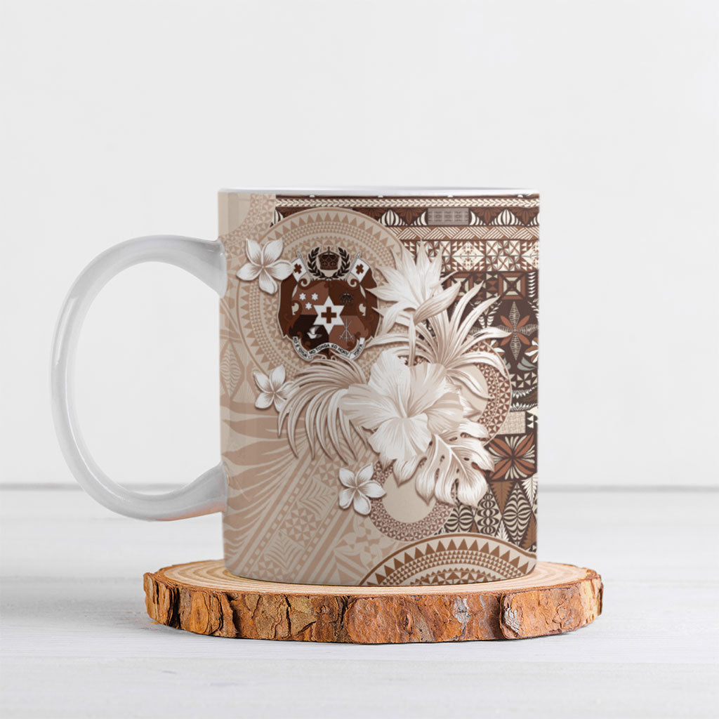 Tonga Ngatu Motifs Ceramic Mug With Coat Of Arms Beige