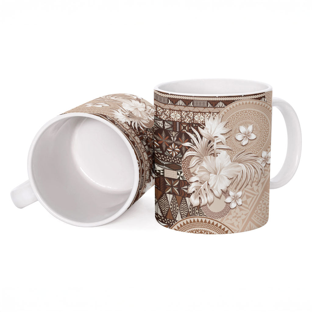 Tonga Ngatu Motifs Ceramic Mug With Coat Of Arms Beige