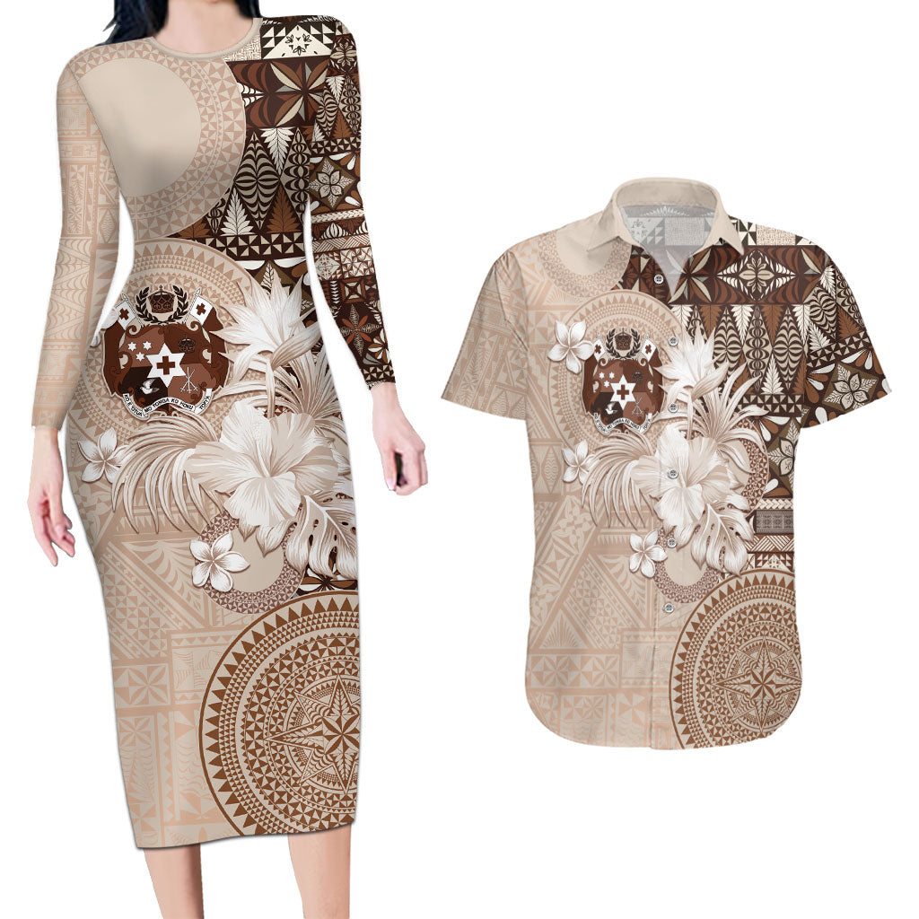 Tonga Ngatu Motifs Couples Matching Long Sleeve Bodycon Dress and Hawaiian Shirt With Coat Of Arms Beige