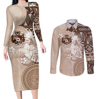 Tonga Ngatu Motifs Couples Matching Long Sleeve Bodycon Dress and Long Sleeve Button Shirt With Coat Of Arms Beige LT05 Beige - Polynesian Pride