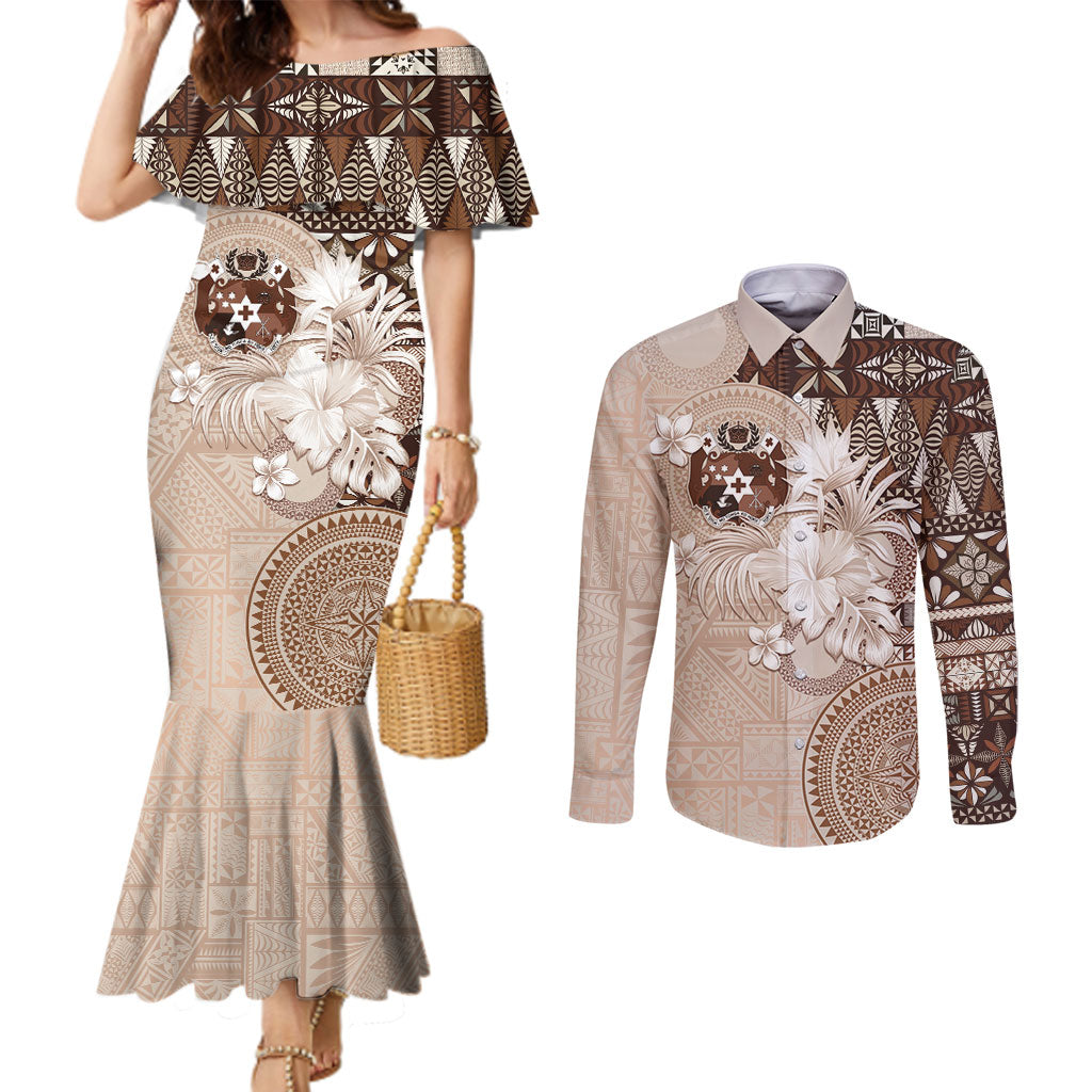Tonga Ngatu Motifs Couples Matching Mermaid Dress and Long Sleeve Button Shirt With Coat Of Arms Beige