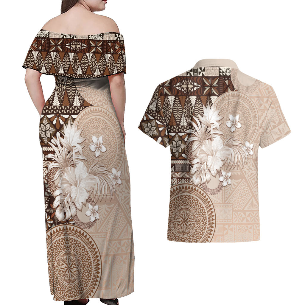 Tonga Ngatu Motifs Couples Matching Off Shoulder Maxi Dress and Hawaiian Shirt With Coat Of Arms Beige LT05 - Polynesian Pride
