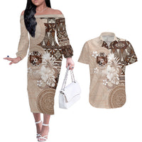 Tonga Ngatu Motifs Couples Matching Off The Shoulder Long Sleeve Dress and Hawaiian Shirt With Coat Of Arms Beige LT05 Beige - Polynesian Pride