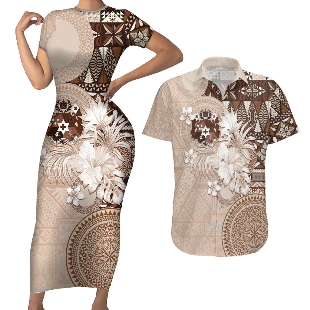 Tonga Ngatu Motifs Couples Matching Short Sleeve Bodycon Dress and Hawaiian Shirt With Coat Of Arms Beige