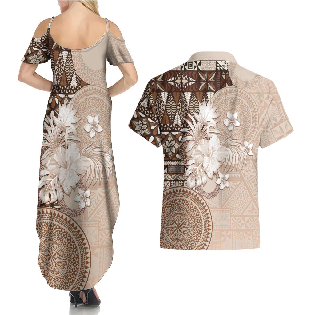 Tonga Ngatu Motifs Couples Matching Summer Maxi Dress and Hawaiian Shirt With Coat Of Arms Beige LT05 - Polynesian Pride
