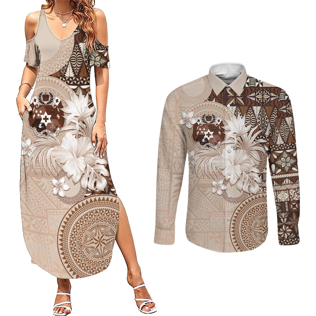 Tonga Ngatu Motifs Couples Matching Summer Maxi Dress and Long Sleeve Button Shirt With Coat Of Arms Beige