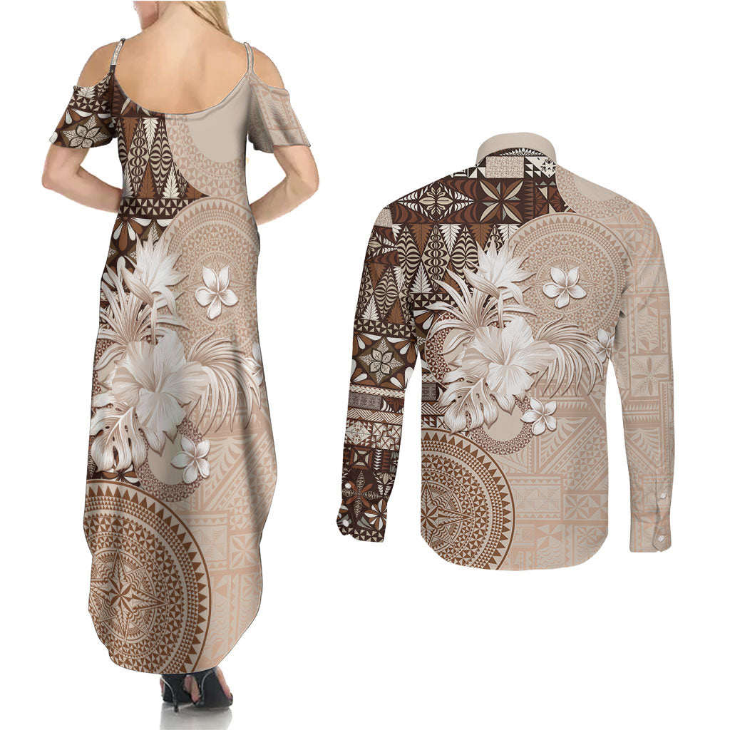 Tonga Ngatu Motifs Couples Matching Summer Maxi Dress and Long Sleeve Button Shirt With Coat Of Arms Beige