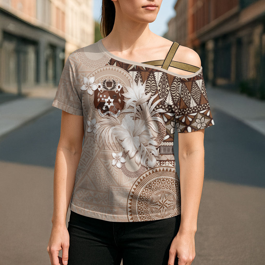 Tonga Ngatu Motifs Cross Shoulder Shirt With Coat Of Arms Beige