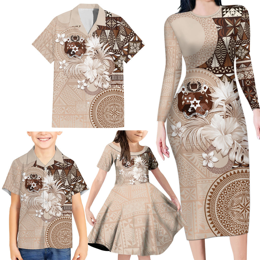 Tonga Ngatu Motifs Family Matching Long Sleeve Bodycon Dress and Hawaiian Shirt With Coat Of Arms Beige