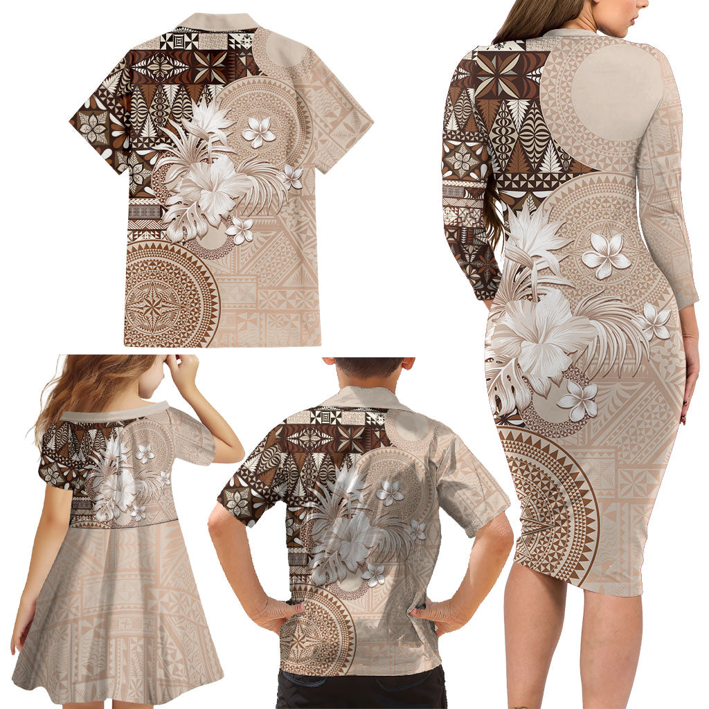 Tonga Ngatu Motifs Family Matching Long Sleeve Bodycon Dress and Hawaiian Shirt With Coat Of Arms Beige LT05 - Polynesian Pride