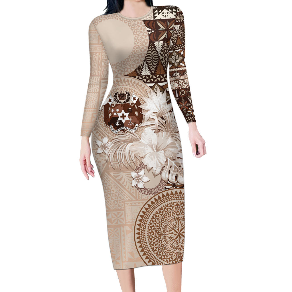 Tonga Ngatu Motifs Family Matching Long Sleeve Bodycon Dress and Hawaiian Shirt With Coat Of Arms Beige LT05 Mom's Dress Beige - Polynesian Pride