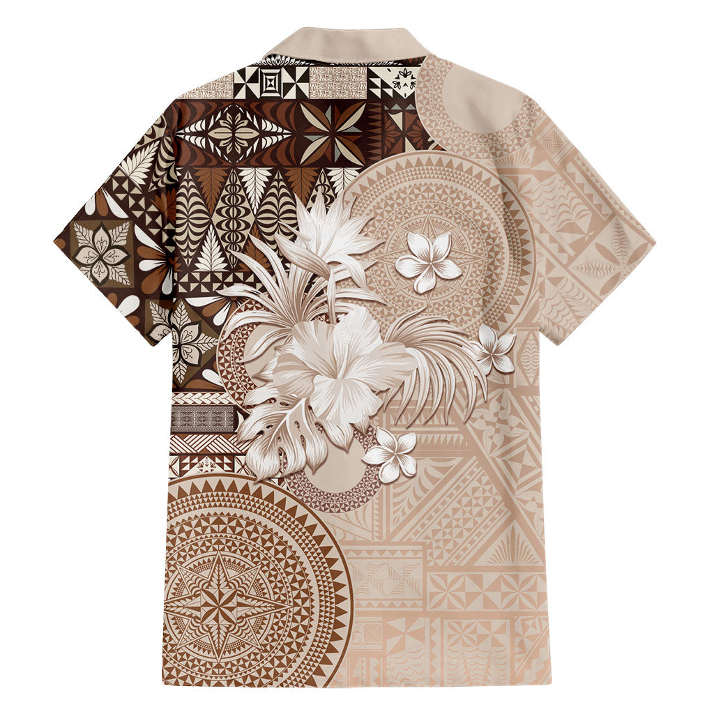 Tonga Ngatu Motifs Family Matching Off The Shoulder Long Sleeve Dress and Hawaiian Shirt With Coat Of Arms Beige LT05 - Polynesian Pride