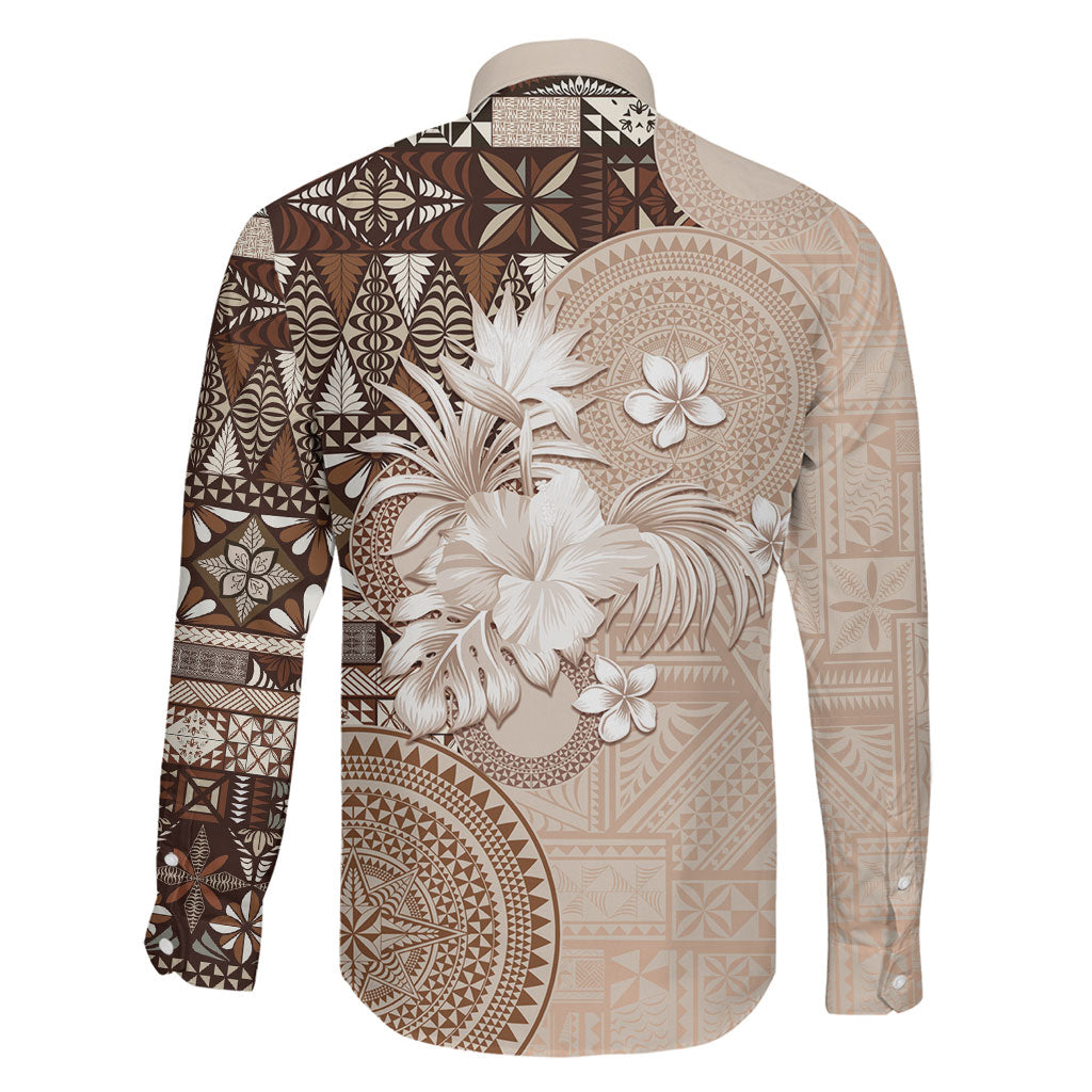 Tonga Ngatu Motifs Family Matching Off The Shoulder Long Sleeve Dress and Hawaiian Shirt With Coat Of Arms Beige LT05 - Polynesian Pride