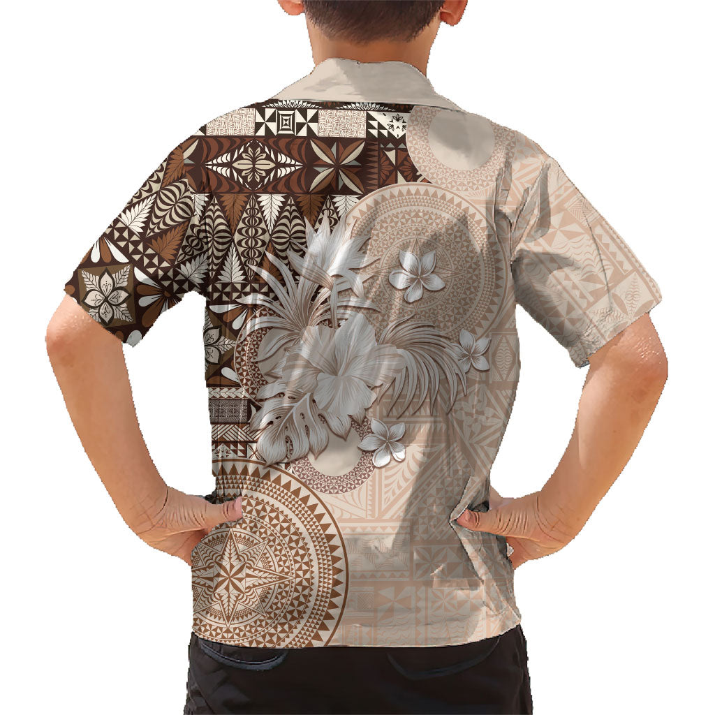Tonga Ngatu Motifs Family Matching Off Shoulder Maxi Dress and Hawaiian Shirt With Coat Of Arms Beige LT05 - Polynesian Pride