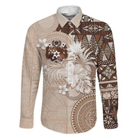 Tonga Ngatu Motifs Family Matching Off Shoulder Maxi Dress and Hawaiian Shirt With Coat Of Arms Beige LT05 Dad's Shirt - Long Sleeve Beige - Polynesian Pride