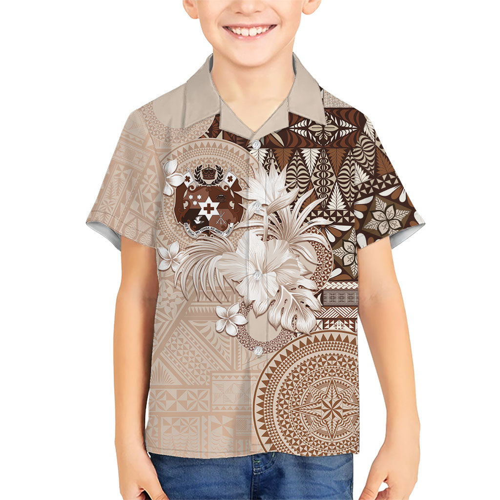 Tonga Ngatu Motifs Family Matching Off Shoulder Maxi Dress and Hawaiian Shirt With Coat Of Arms Beige LT05 Son's Shirt Beige - Polynesian Pride