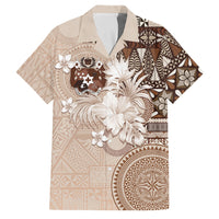 Tonga Ngatu Motifs Family Matching Off Shoulder Short Dress and Hawaiian Shirt With Coat Of Arms Beige LT05 Dad's Shirt - Short Sleeve Beige - Polynesian Pride
